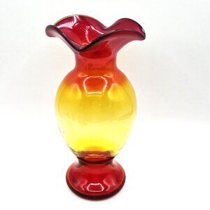 Vintage Amberina Hand Blown Art Glass Red Yellow Vase Ruffle Top Possibly Blenko